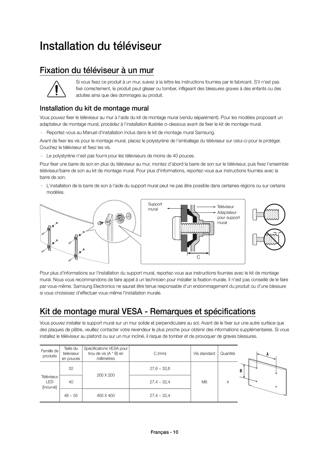 Samsung UE48J6370SUXXN Installation du téléviseur, Fixation du téléviseur à un mur, Installation du kit de montage mural 