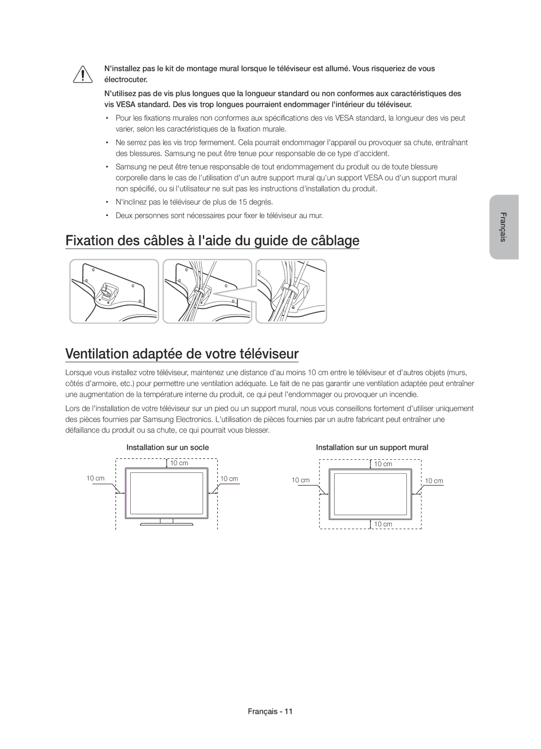 Samsung UE40J6370SUXXN, UE55J6350SUXZG, UE32J6350SUXZG, UE32J6370SUXTK, UE48J6370SUXXH manual Installation sur un support mural 