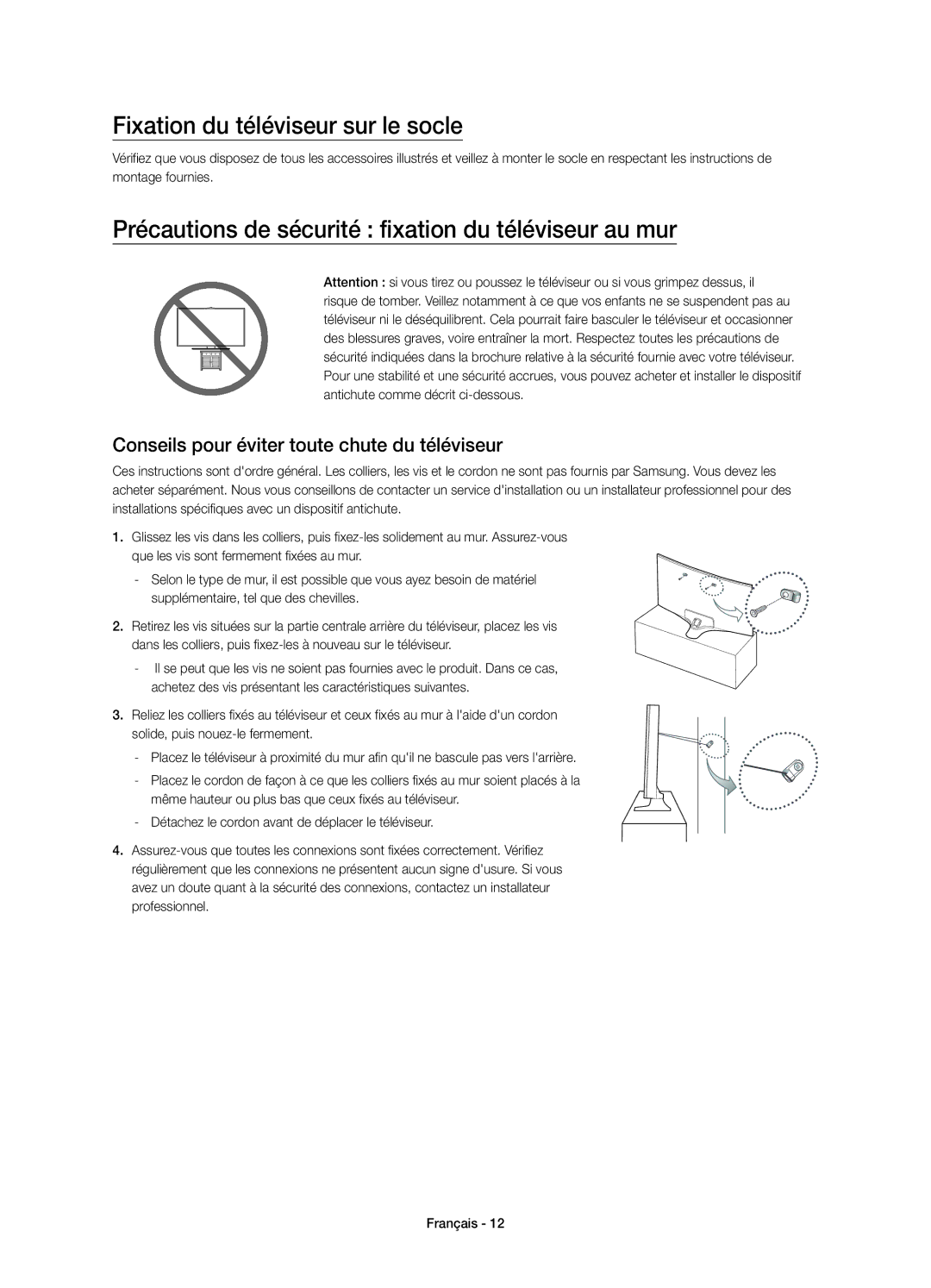 Samsung UE55J6370SUXXH manual Fixation du téléviseur sur le socle, Précautions de sécurité fixation du téléviseur au mur 