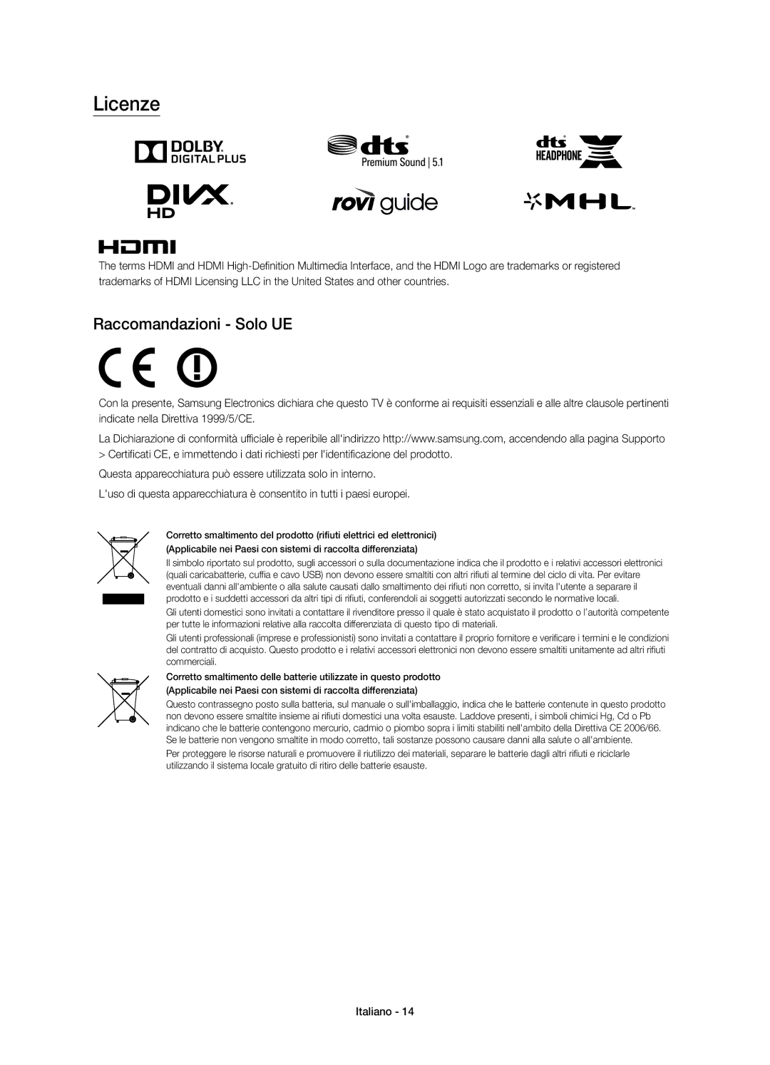 Samsung UE48J6350SUXZG, UE55J6350SUXZG, UE32J6350SUXZG, UE32J6370SUXTK, UE48J6370SUXXH manual Licenze, Raccomandazioni Solo UE 