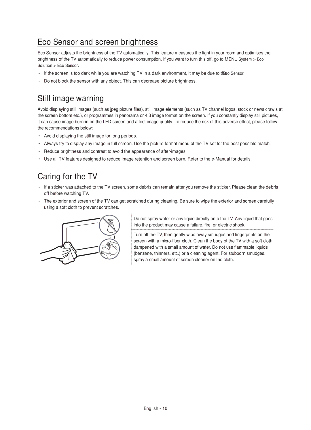 Samsung UE55JS8000LXXN, UE55JS8000LXXH manual Eco Sensor and screen brightness, Still image warning, Caring for the TV 