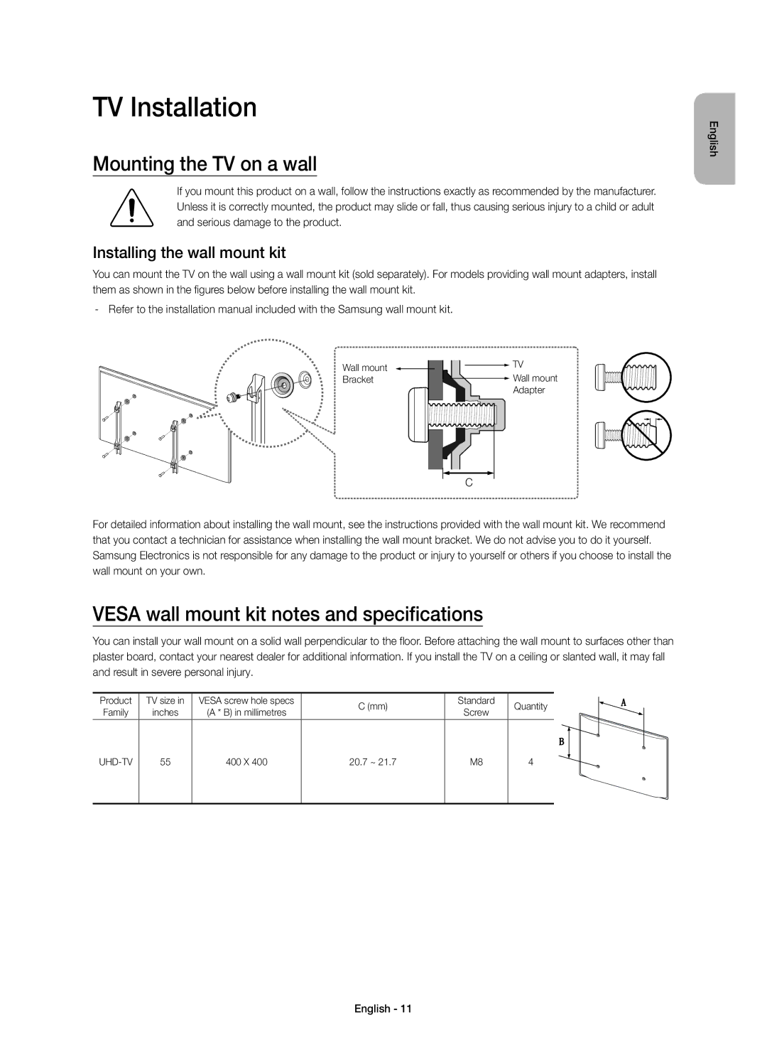 Samsung UE55JS8002TXXH manual TV Installation, Mounting the TV on a wall, Vesa wall mount kit notes and specifications 