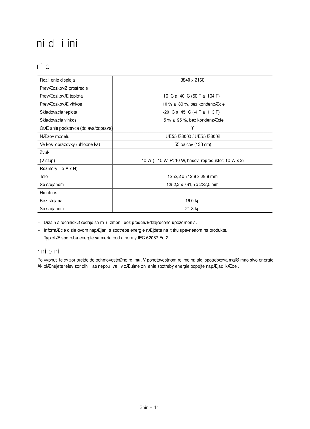 Samsung UE55JS8000LXXN, UE55JS8000LXXH, UE55JS8002TXXH manual Technické údaje a ďalšie informácie, Zníženie spotreby energie 