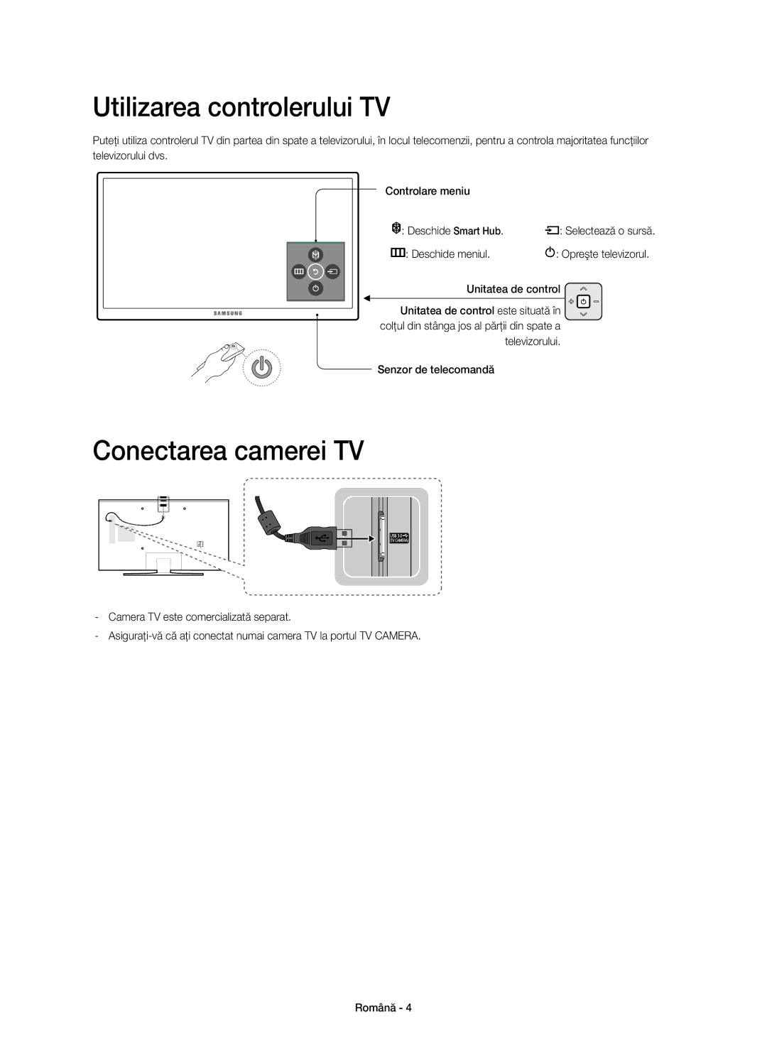 Samsung UE55JS8002TXXH, UE55JS8000LXXH, UE55JS8000LXXN Utilizarea controlerului TV, Conectarea camerei TV, Deschide meniul 