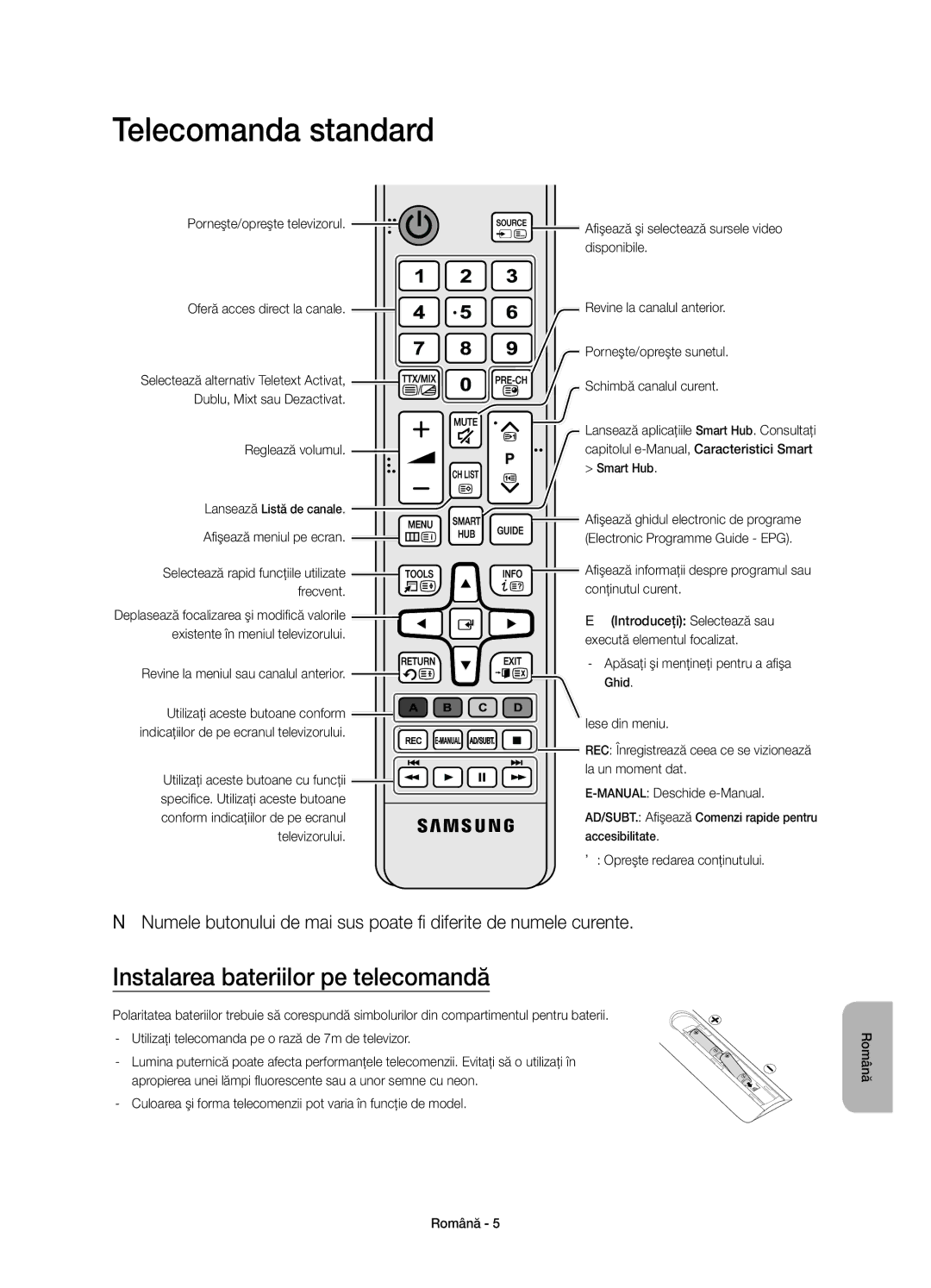 Samsung UE55JS8000LXXH, UE55JS8000LXXN, UE55JS8002TXXH manual Telecomanda standard, Instalarea bateriilor pe telecomandă 