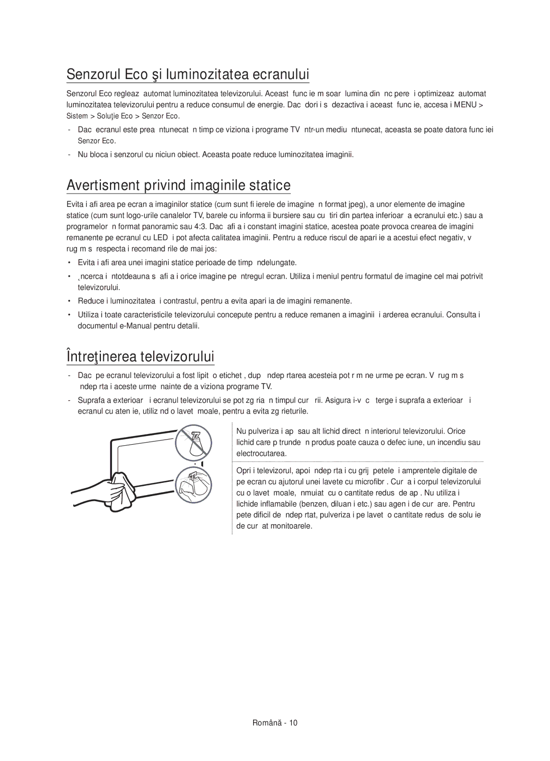 Samsung UE55JS8002TXXH, UE55JS8000LXXH manual Senzorul Eco şi luminozitatea ecranului, Avertisment privind imaginile statice 