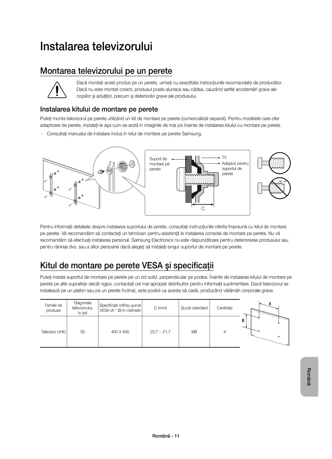 Samsung UE55JS8000LXXH, UE55JS8000LXXN, UE55JS8002TXXH manual Instalarea televizorului, Montarea televizorului pe un perete 