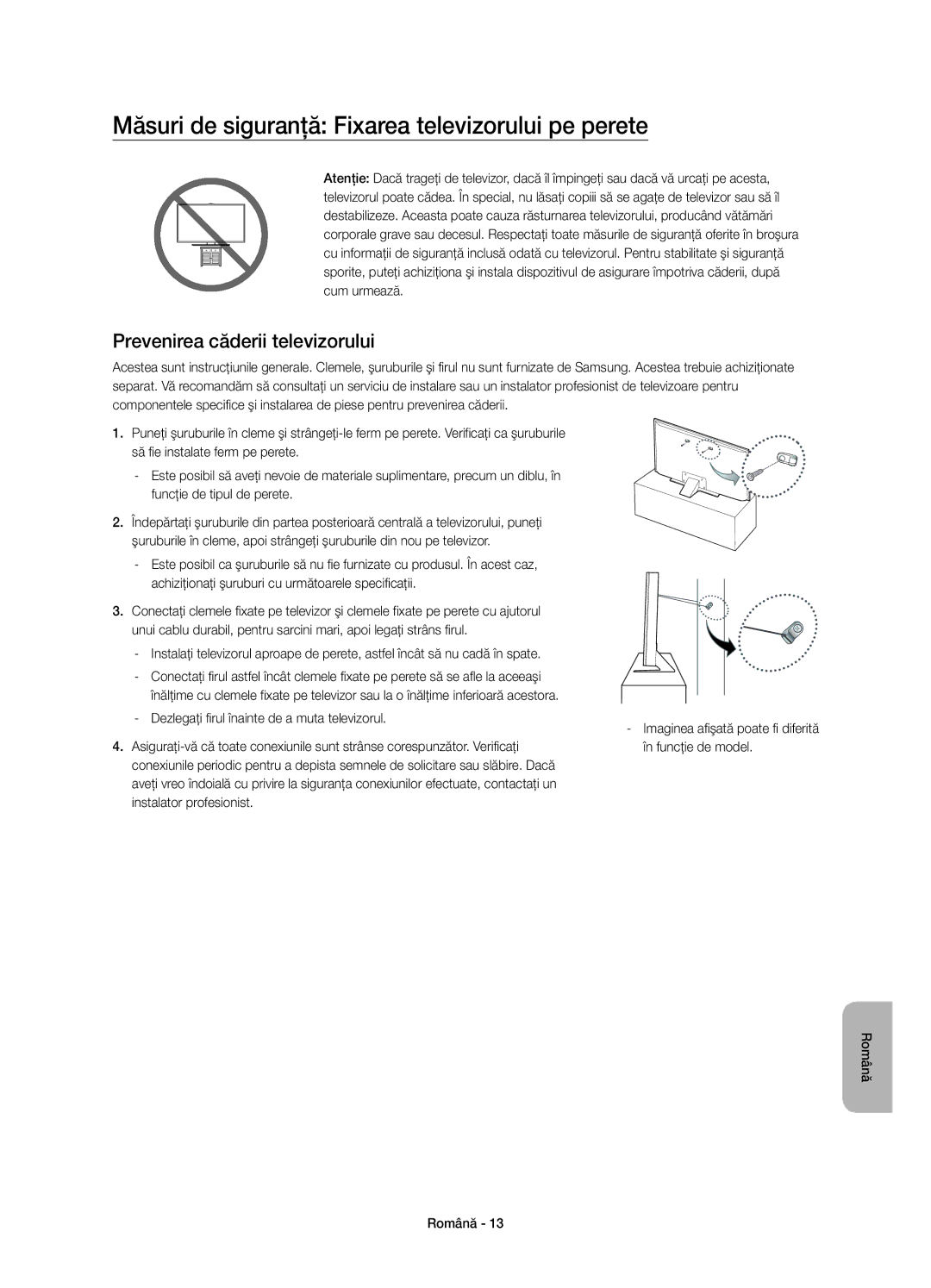 Samsung UE55JS8002TXXH manual Măsuri de siguranţă Fixarea televizorului pe perete, Prevenirea căderii televizorului 