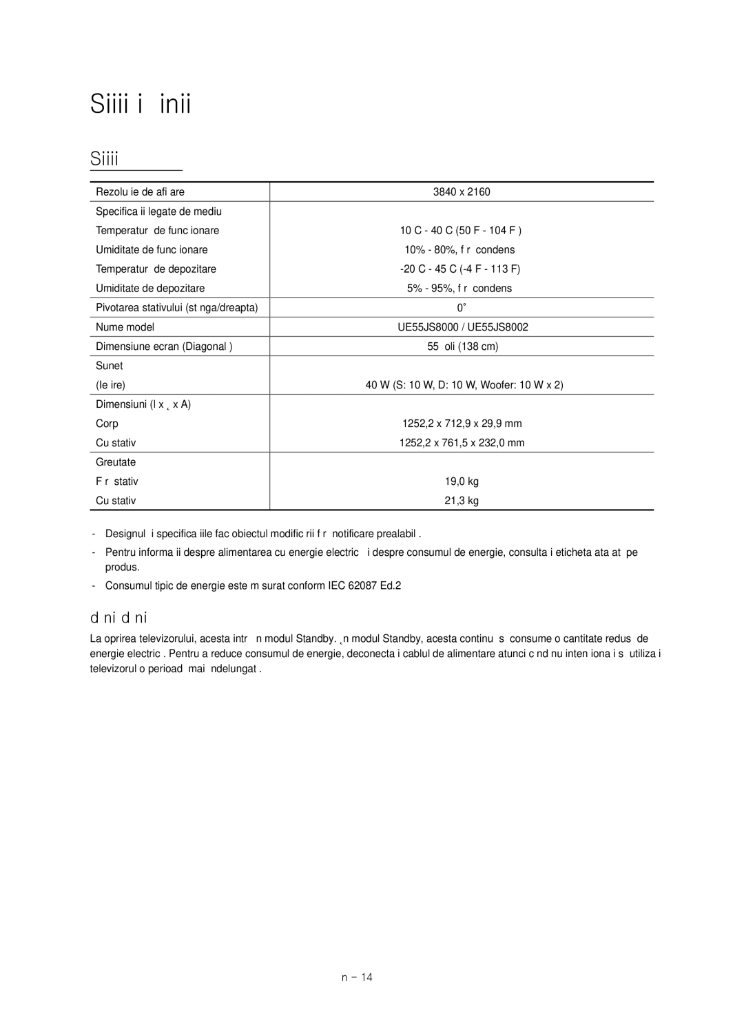 Samsung UE55JS8000LXXH, UE55JS8000LXXN, UE55JS8002TXXH Specificaţii şi alte informaţii, Reducerea consumului de energie 