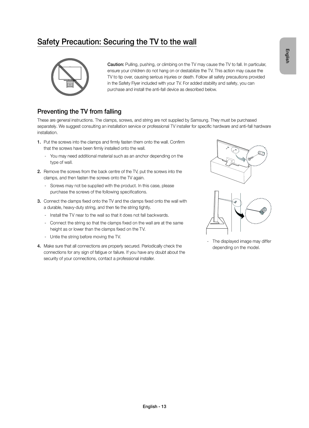 Samsung UE55JS8000LXXN, UE55JS8000LXXH manual Safety Precaution Securing the TV to the wall, Preventing the TV from falling 