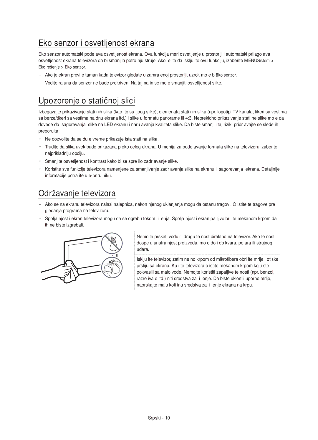 Samsung UE55JS8000LXXN manual Eko senzor i osvetljenost ekrana, Upozorenje o statičnoj slici, Održavanje televizora 