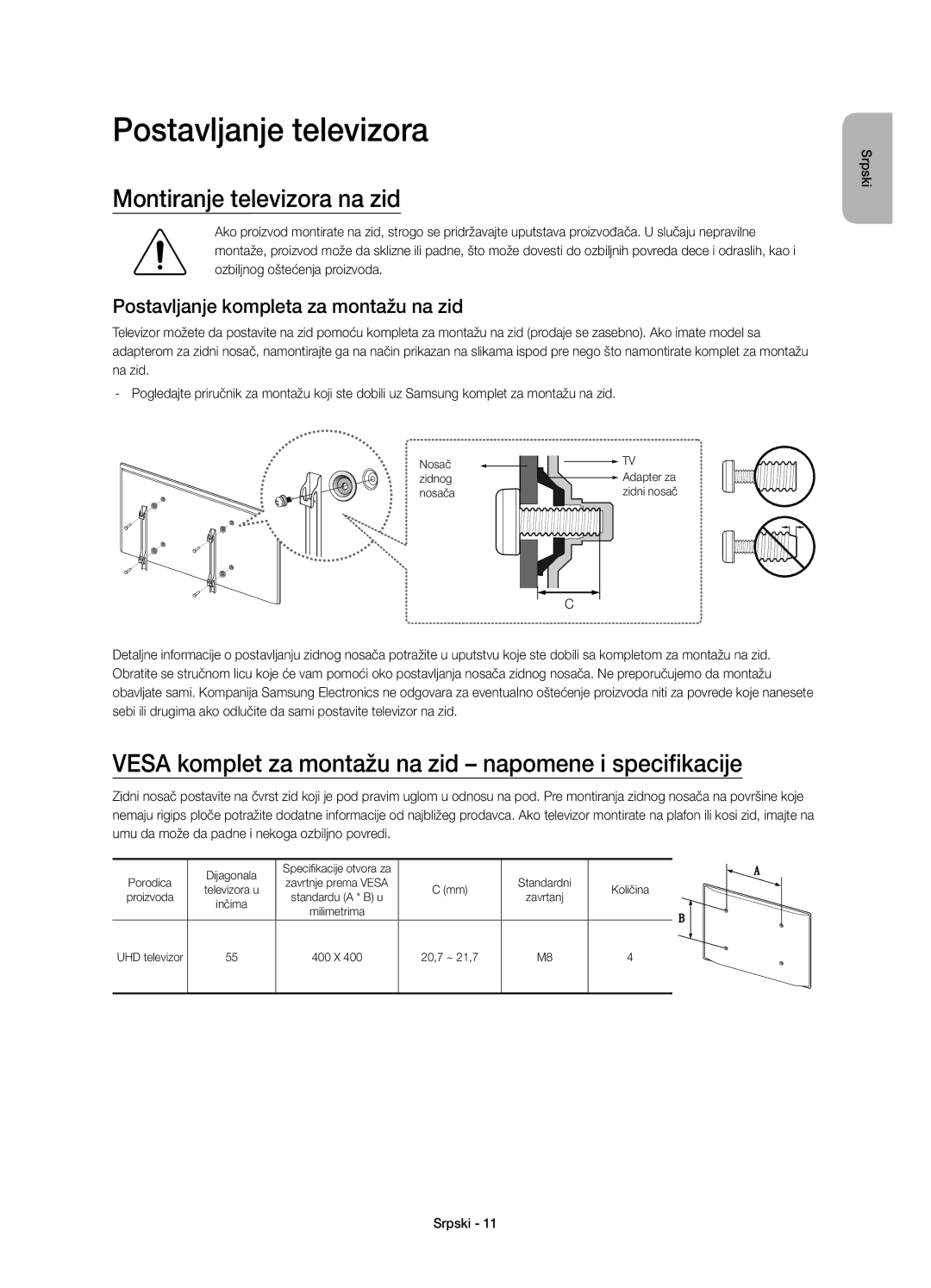 Samsung UE55JS8002TXXH manual Montiranje televizora na zid, Vesa komplet za montažu na zid napomene i specifikacije 