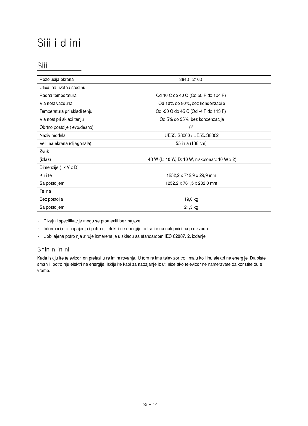 Samsung UE55JS8002TXXH, UE55JS8000LXXH manual Specifikacije i druge informacije, Smanjivanje potrošnje električne energije 