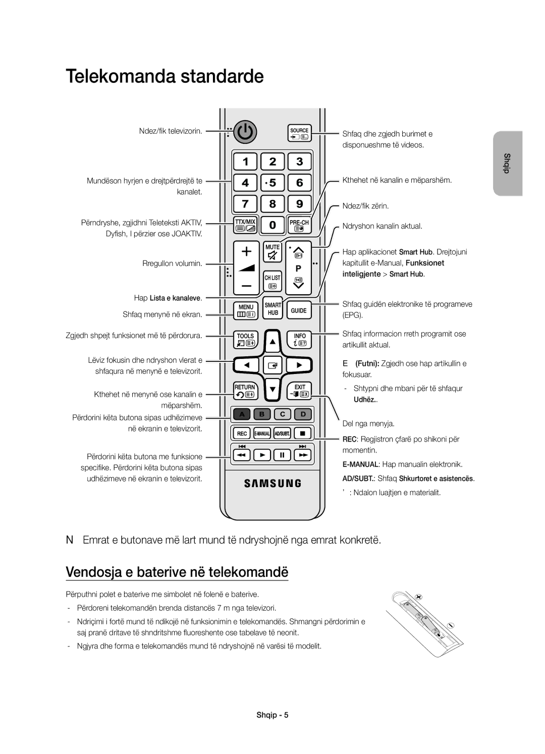 Samsung UE55JS8000LXXN, UE55JS8000LXXH, UE55JS8002TXXH manual Telekomanda standarde, Vendosja e baterive në telekomandë 