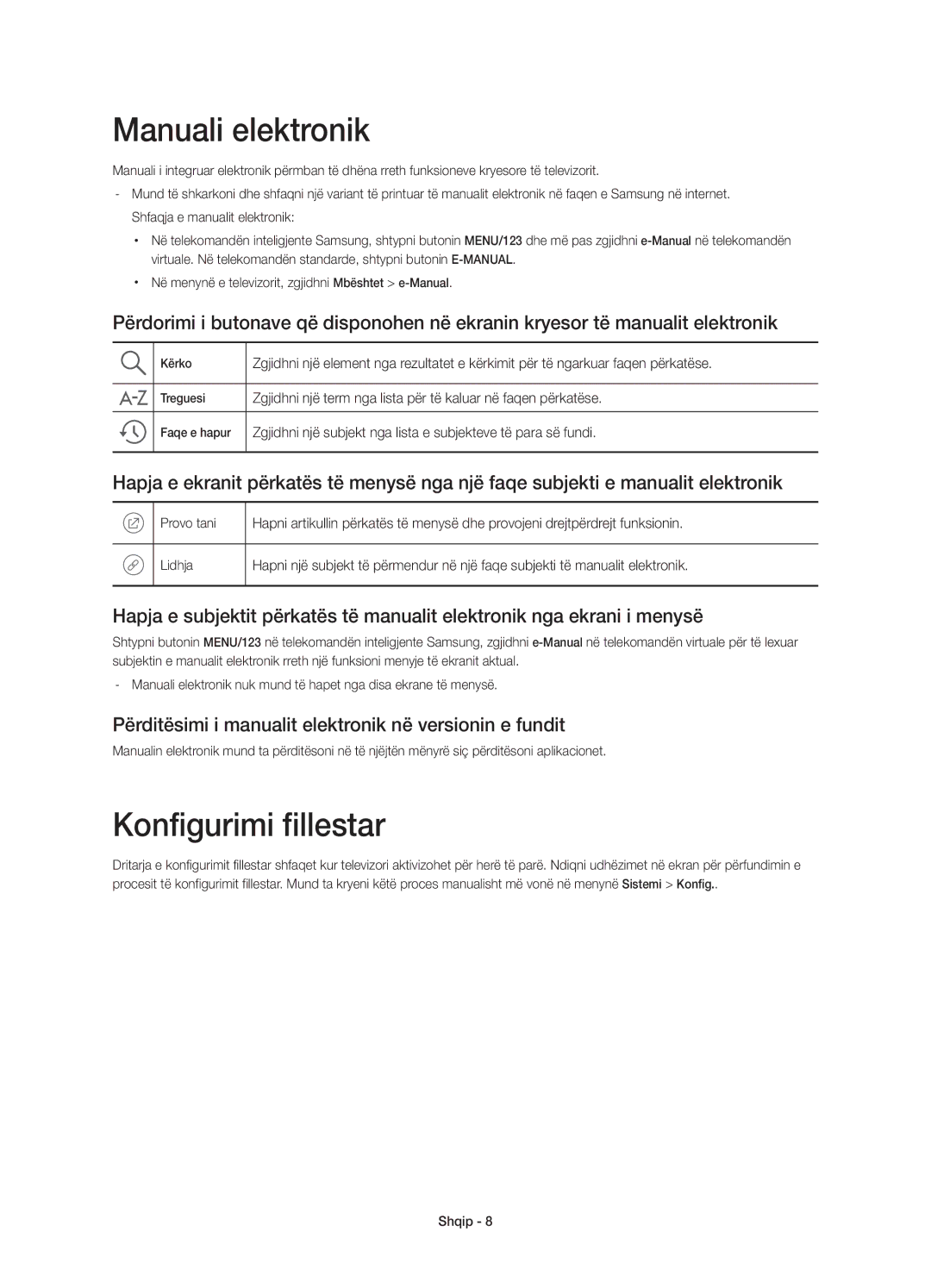 Samsung UE55JS8000LXXN Manuali elektronik, Konfigurimi fillestar, Përditësimi i manualit elektronik në versionin e fundit 