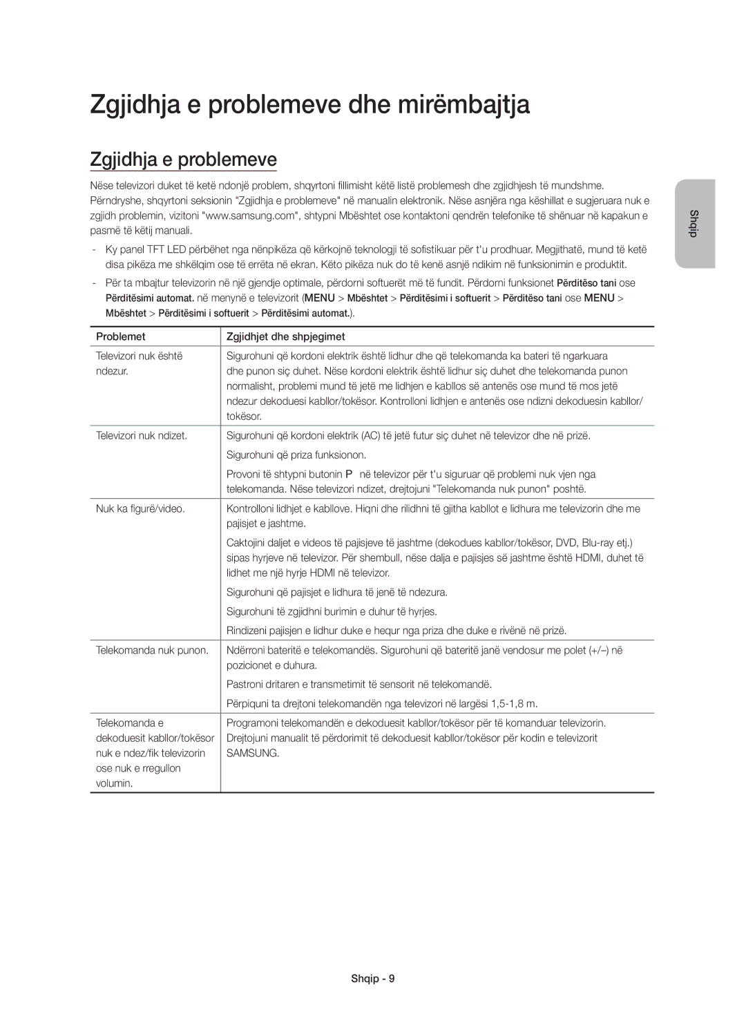 Samsung UE55JS8002TXXH, UE55JS8000LXXH, UE55JS8000LXXN manual Zgjidhja e problemeve dhe mirëmbajtja 