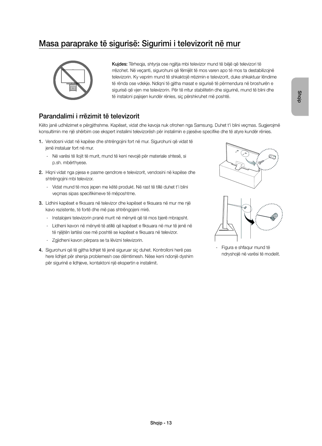 Samsung UE55JS8000LXXH Masa paraprake të sigurisë Sigurimi i televizorit në mur, Parandalimi i rrëzimit të televizorit 