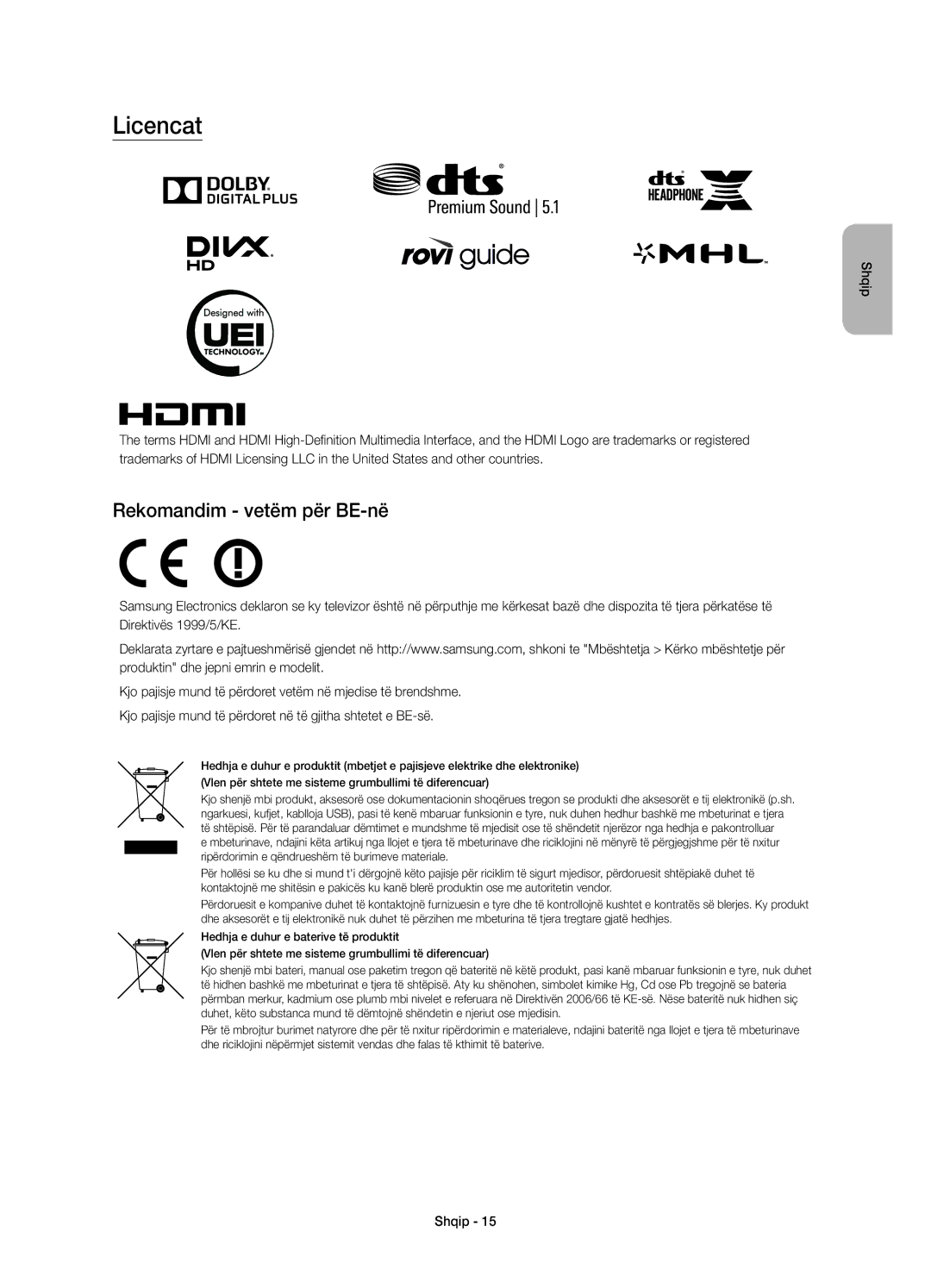 Samsung UE55JS8002TXXH, UE55JS8000LXXH, UE55JS8000LXXN manual Licencat, Rekomandim vetëm për BE-në 