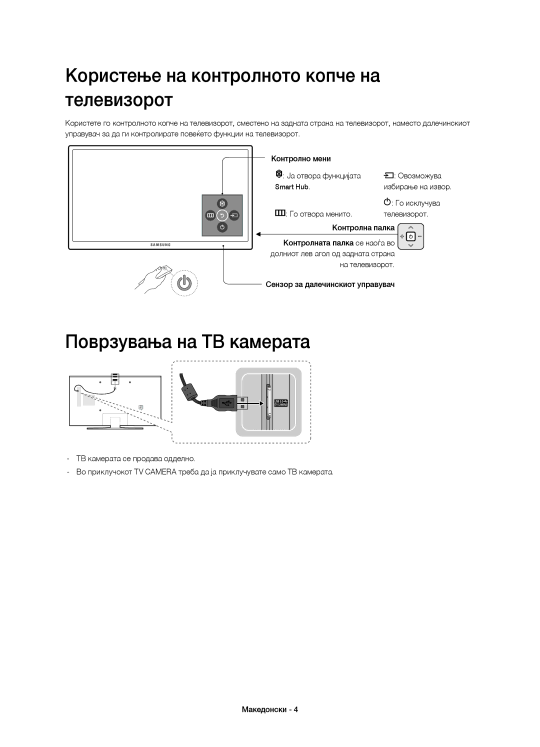 Samsung UE55JS8002TXXH manual Користење на контролното копче на телевизорот, Поврзувања на ТВ камерата, Го исклучува 