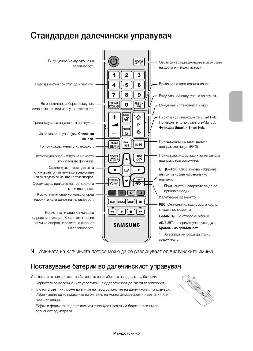 Samsung UE55JS8000LXXH, UE55JS8000LXXN manual Стандарден далечински управувач, Поставување батерии во далечинскиот управувач 