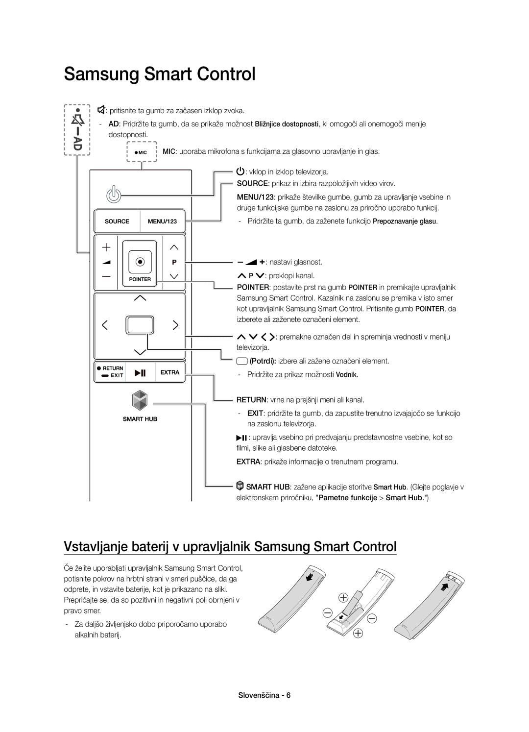 Samsung UE55JS8000LXXH, UE55JS8000LXXN, UE55JS8002TXXH manual Vstavljanje baterij v upravljalnik Samsung Smart Control 