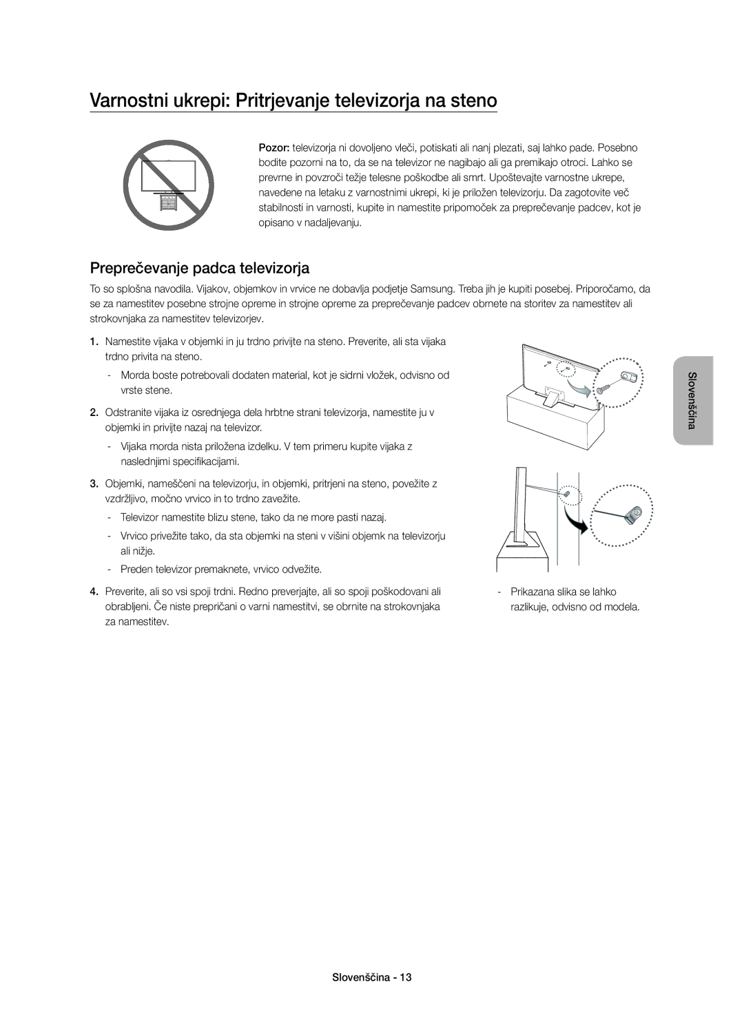 Samsung UE55JS8000LXXN Varnostni ukrepi Pritrjevanje televizorja na steno, Preprečevanje padca televizorja, Za namestitev 