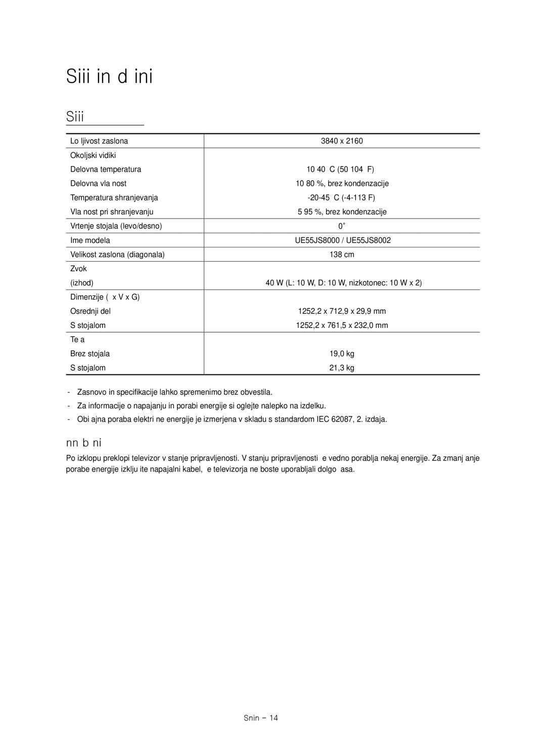 Samsung UE55JS8002TXXH, UE55JS8000LXXH, UE55JS8000LXXN manual Specifikacije in druge informacije, Zmanjšanje porabe energije 