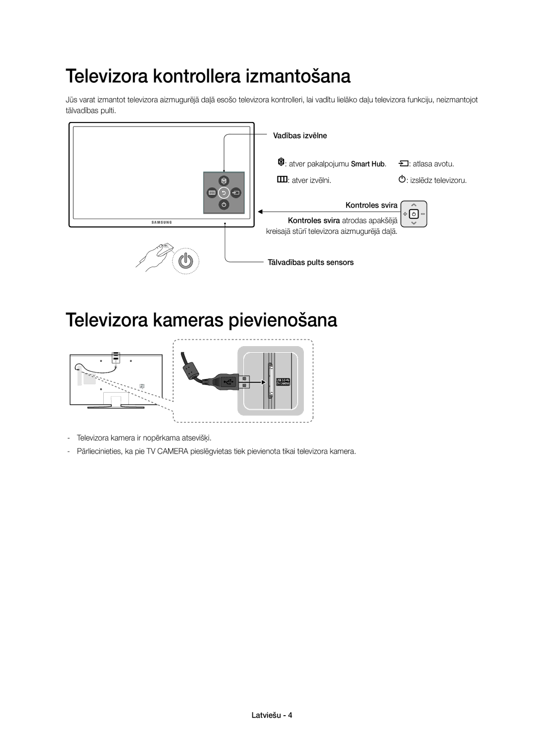 Samsung UE55JS8000LXXH manual Televizora kontrollera izmantošana, Televizora kameras pievienošana, Tālvadības pults sensors 