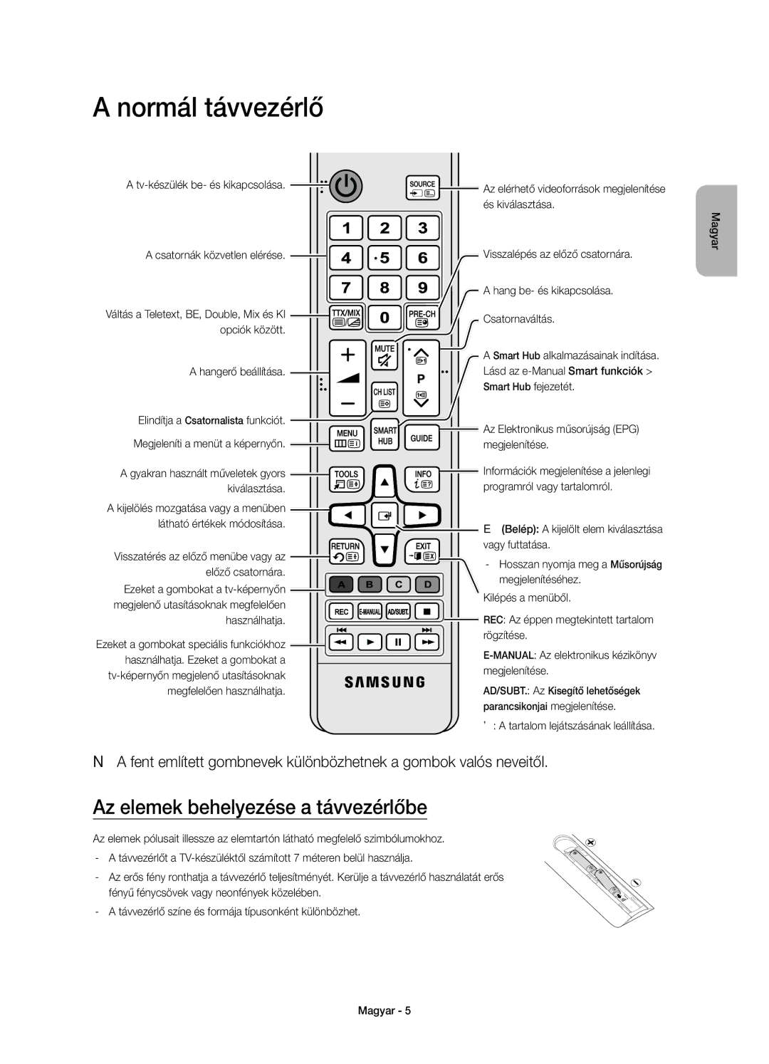 Samsung UE55JS8000LXXN, UE55JS8000LXXH, UE55JS8002TXXH manual Normál távvezérlő, Az elemek behelyezése a távvezérlőbe 