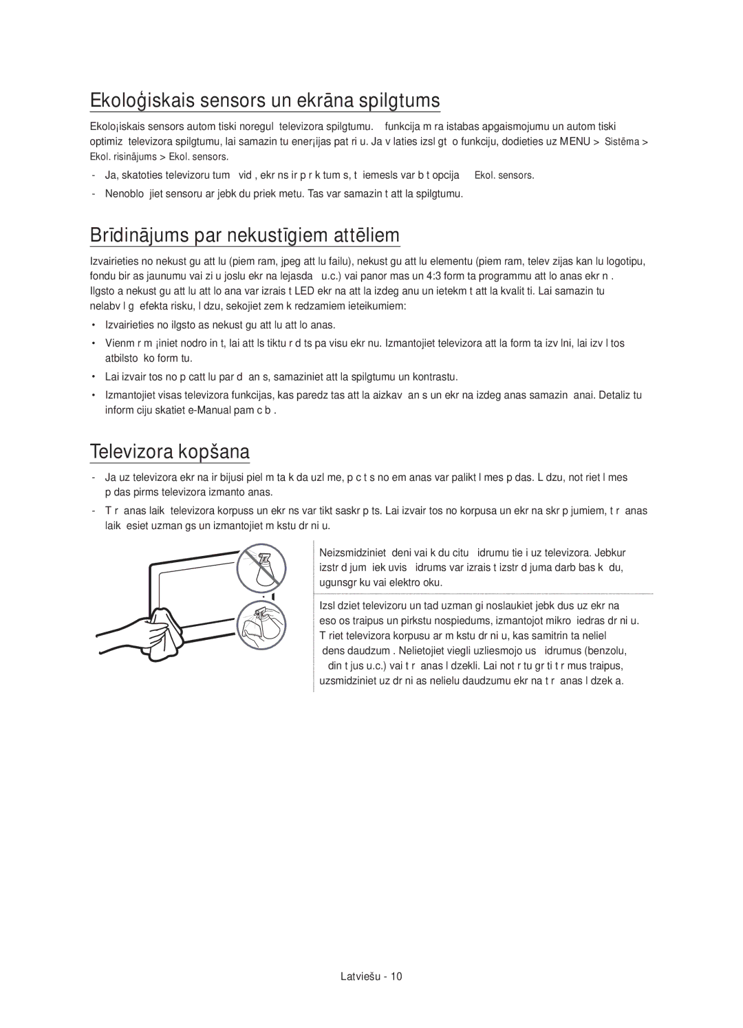 Samsung UE55JS8000LXXH Ekoloģiskais sensors un ekrāna spilgtums, Brīdinājums par nekustīgiem attēliem, Televizora kopšana 