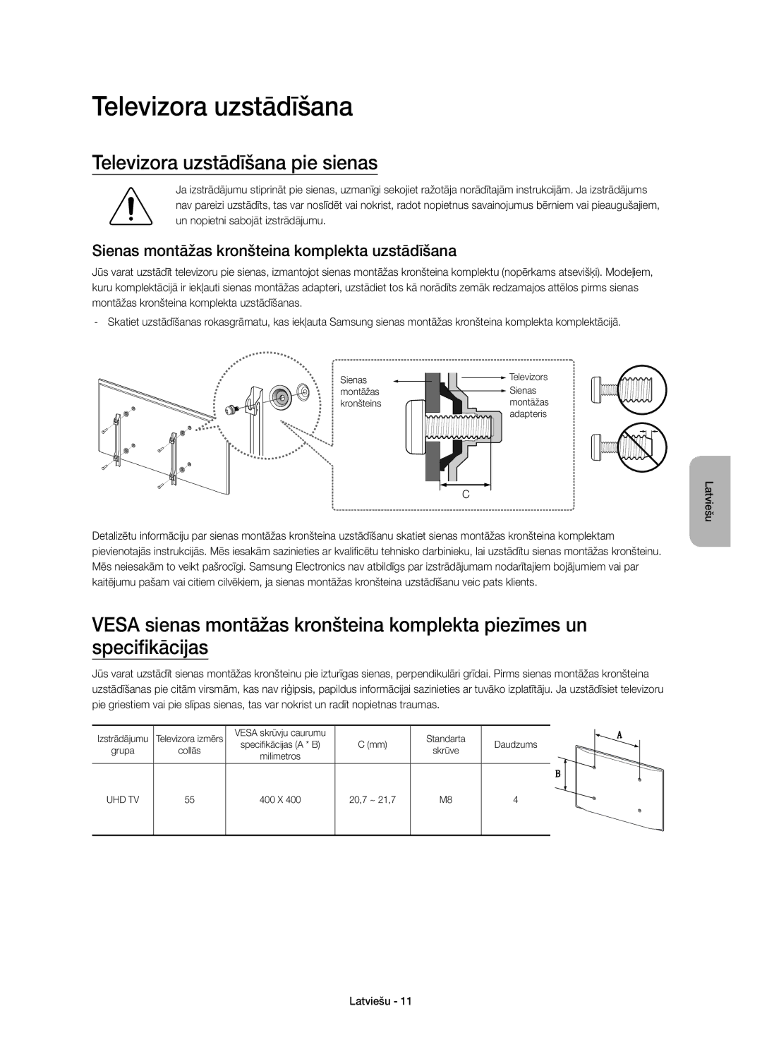 Samsung UE55JS8000LXXN manual Televizora uzstādīšana pie sienas, Sienas montāžas kronšteina komplekta uzstādīšana 