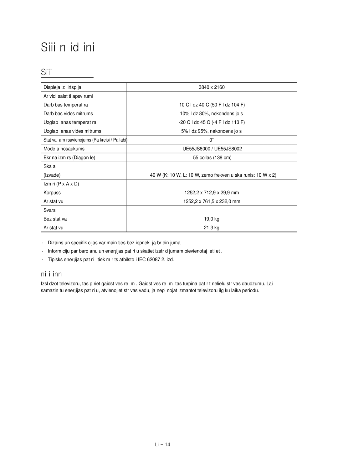 Samsung UE55JS8000LXXN, UE55JS8000LXXH manual Specifikācijas un papildu informācija, Enerģijas patēriņa samazināšana 