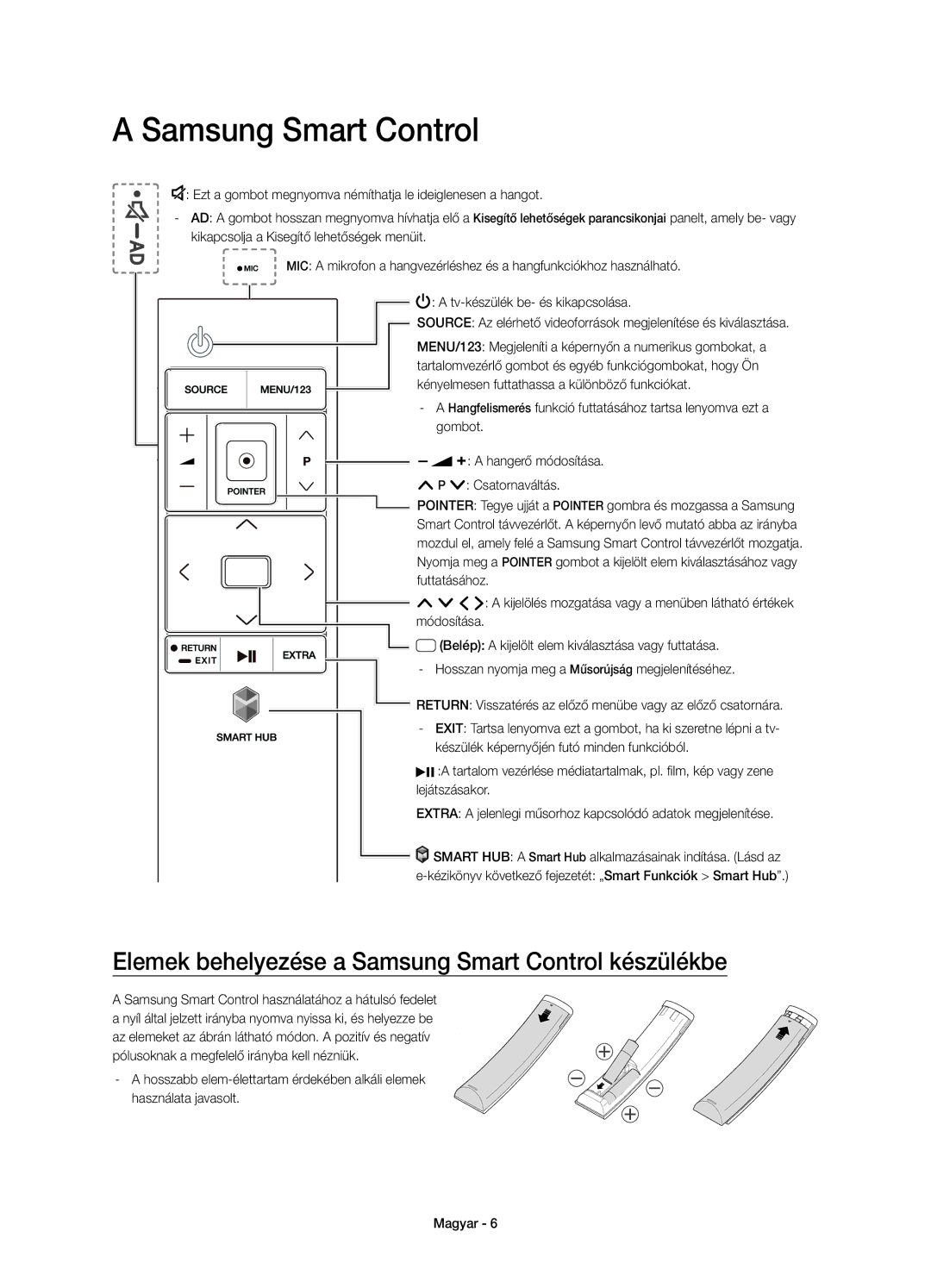 Samsung UE55JS8002TXXH, UE55JS8000LXXH, UE55JS8000LXXN manual Elemek behelyezése a Samsung Smart Control készülékbe 