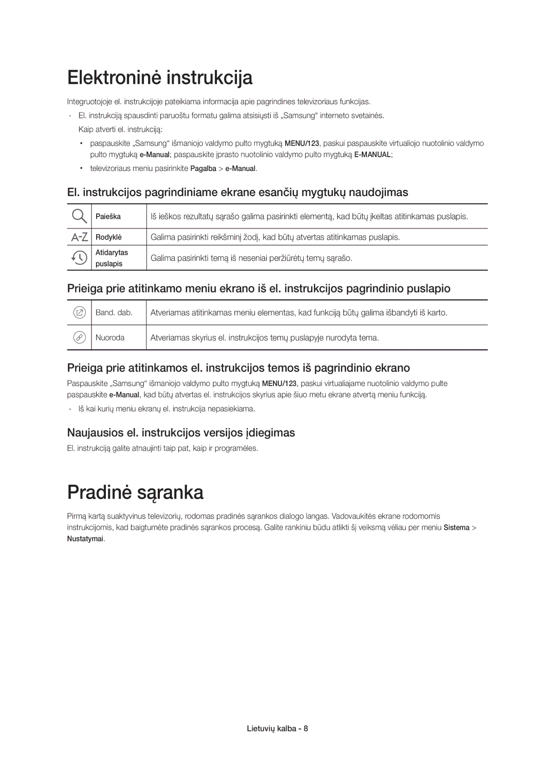 Samsung UE55JS8000LXXH manual Elektroninė instrukcija, Pradinė sąranka, Naujausios el. instrukcijos versijos įdiegimas 