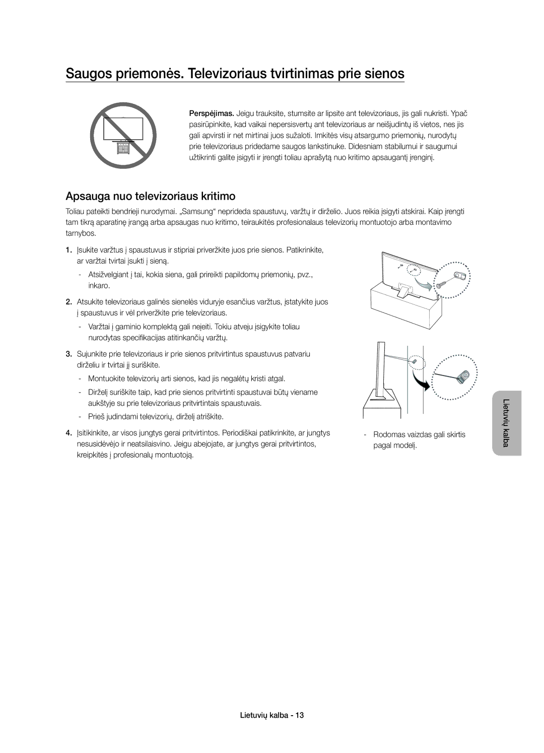 Samsung UE55JS8002TXXH manual Saugos priemonės. Televizoriaus tvirtinimas prie sienos, Apsauga nuo televizoriaus kritimo 