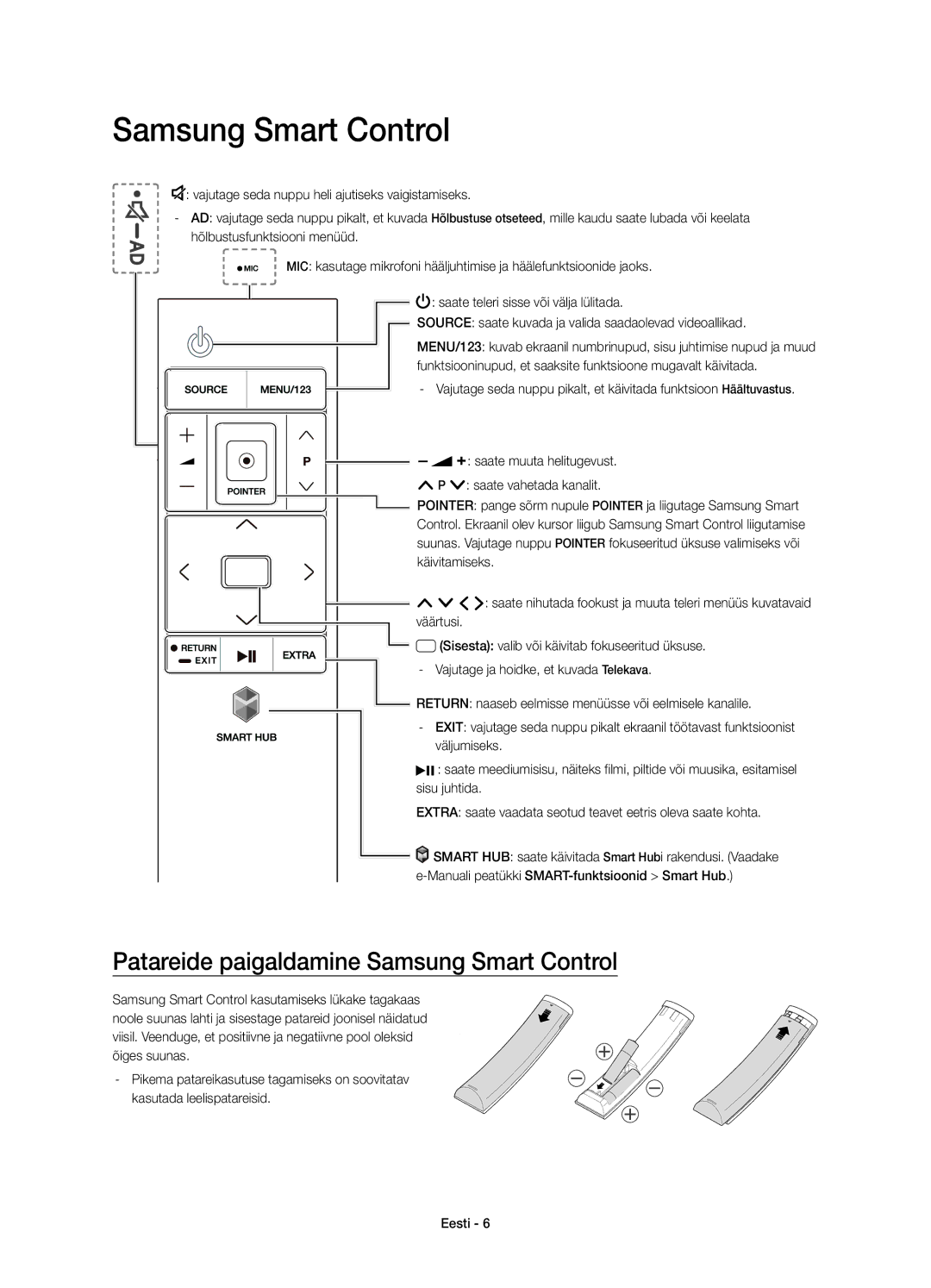 Samsung UE55JS8000LXXH, UE55JS8000LXXN, UE55JS8002TXXH manual Patareide paigaldamine Samsung Smart Control 