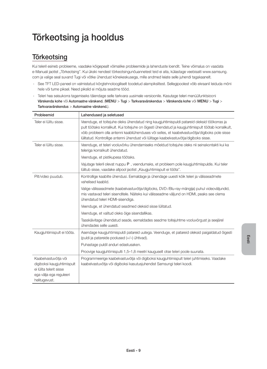 Samsung UE55JS8000LXXH, UE55JS8000LXXN, UE55JS8002TXXH manual Tõrkeotsing ja hooldus 