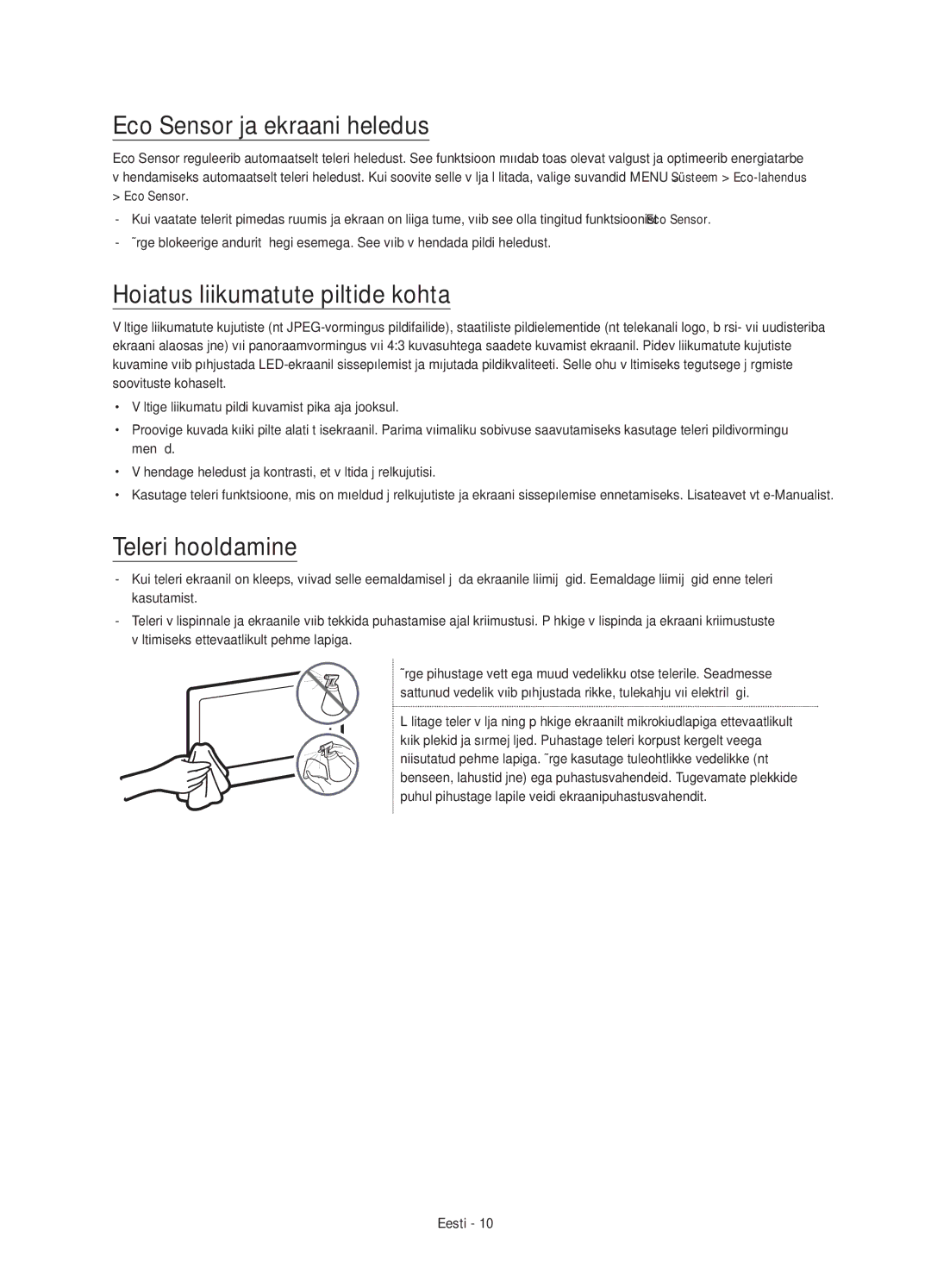 Samsung UE55JS8000LXXN, UE55JS8000LXXH Eco Sensor ja ekraani heledus, Hoiatus liikumatute piltide kohta, Teleri hooldamine 