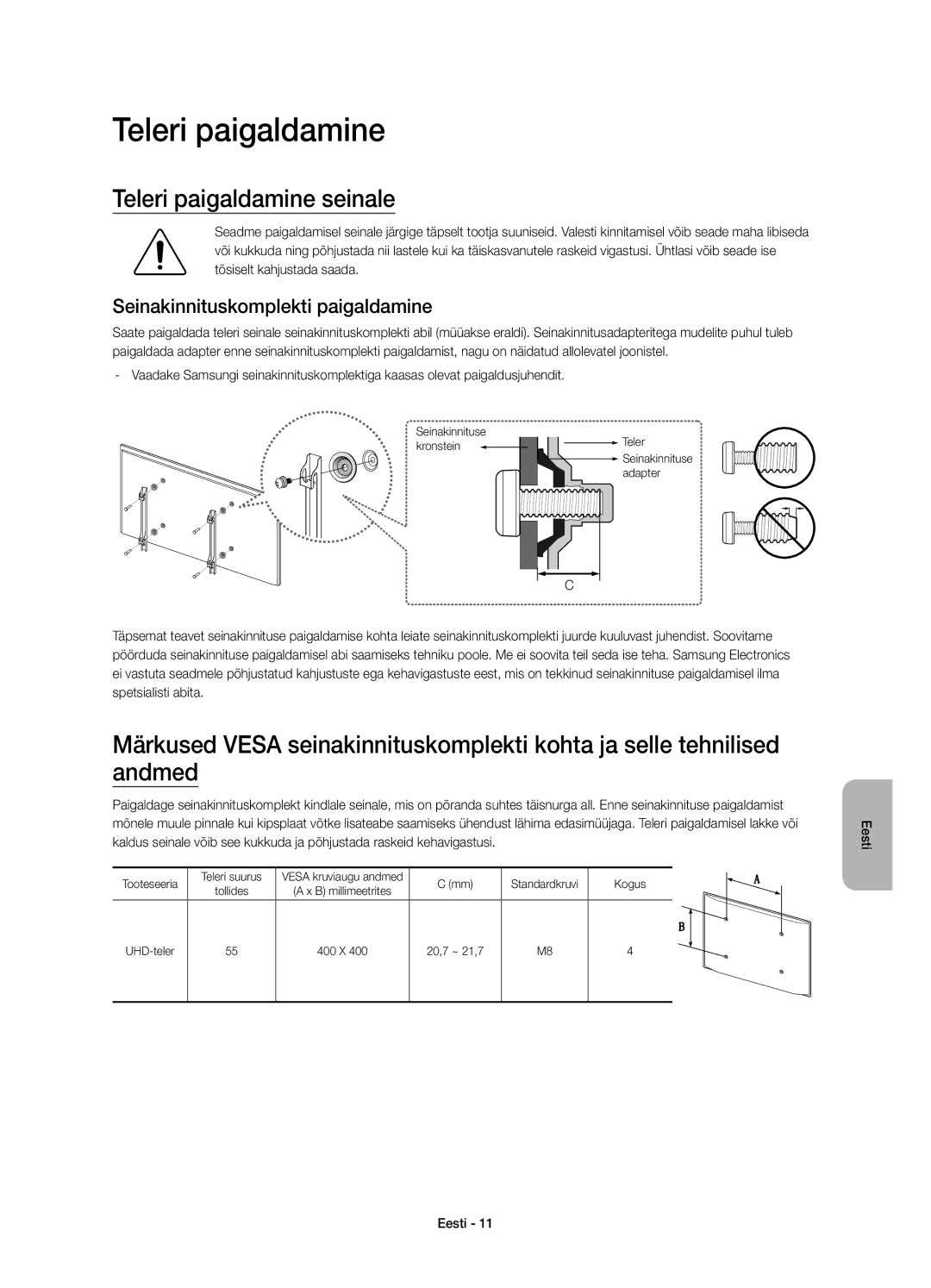 Samsung UE55JS8002TXXH, UE55JS8000LXXH, UE55JS8000LXXN Teleri paigaldamine seinale, Seinakinnituskomplekti paigaldamine 