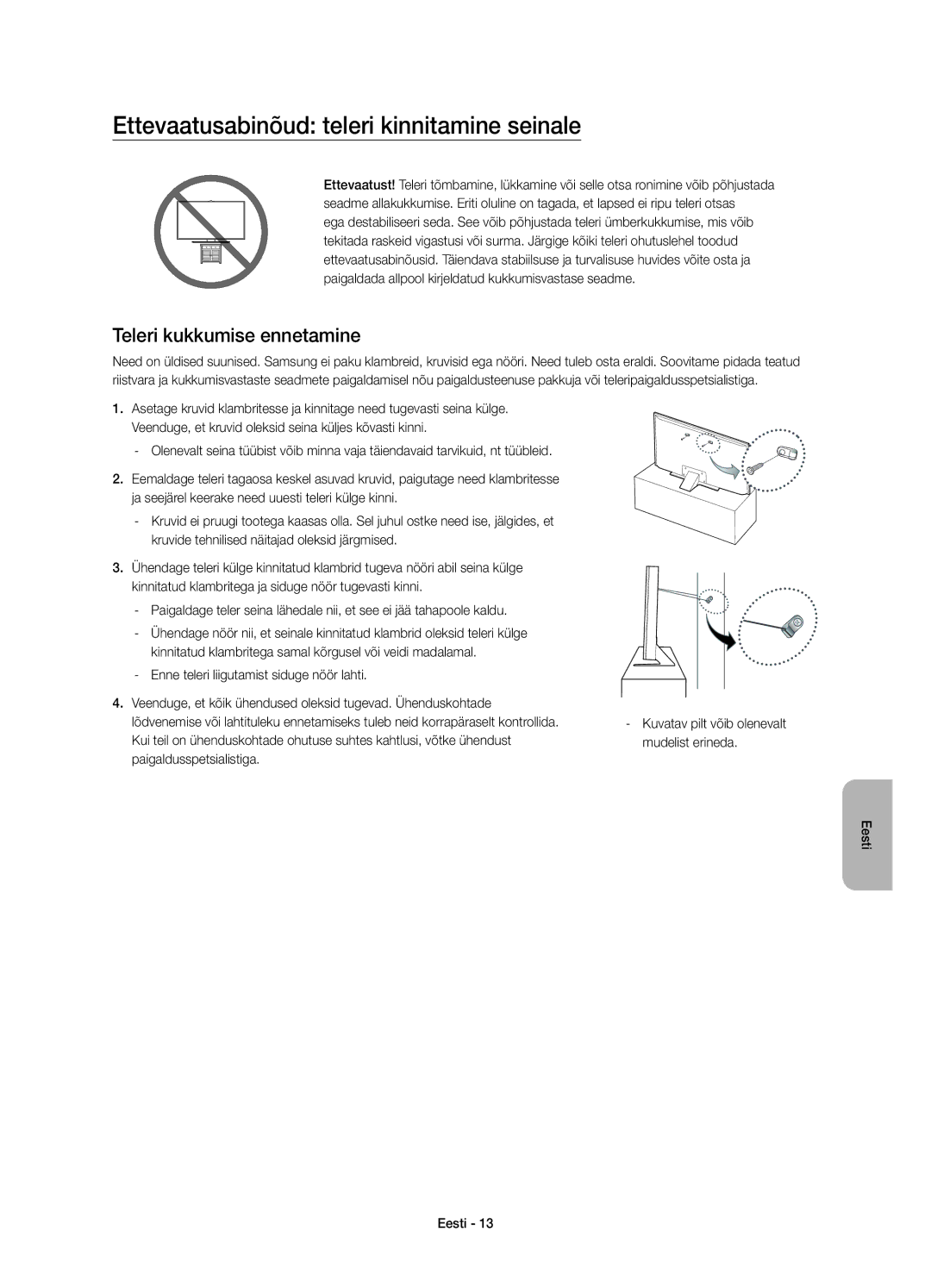 Samsung UE55JS8000LXXN, UE55JS8000LXXH manual Ettevaatusabinõud teleri kinnitamine seinale, Teleri kukkumise ennetamine 