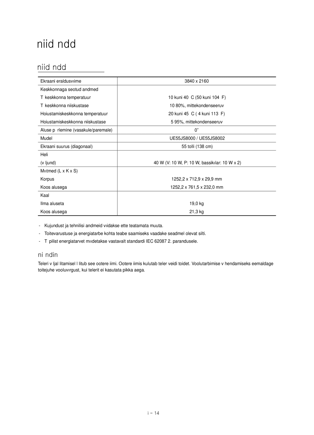 Samsung UE55JS8002TXXH, UE55JS8000LXXH, UE55JS8000LXXN manual Tehnilised andmed ja muu teave, Energiakulu vähendamine 