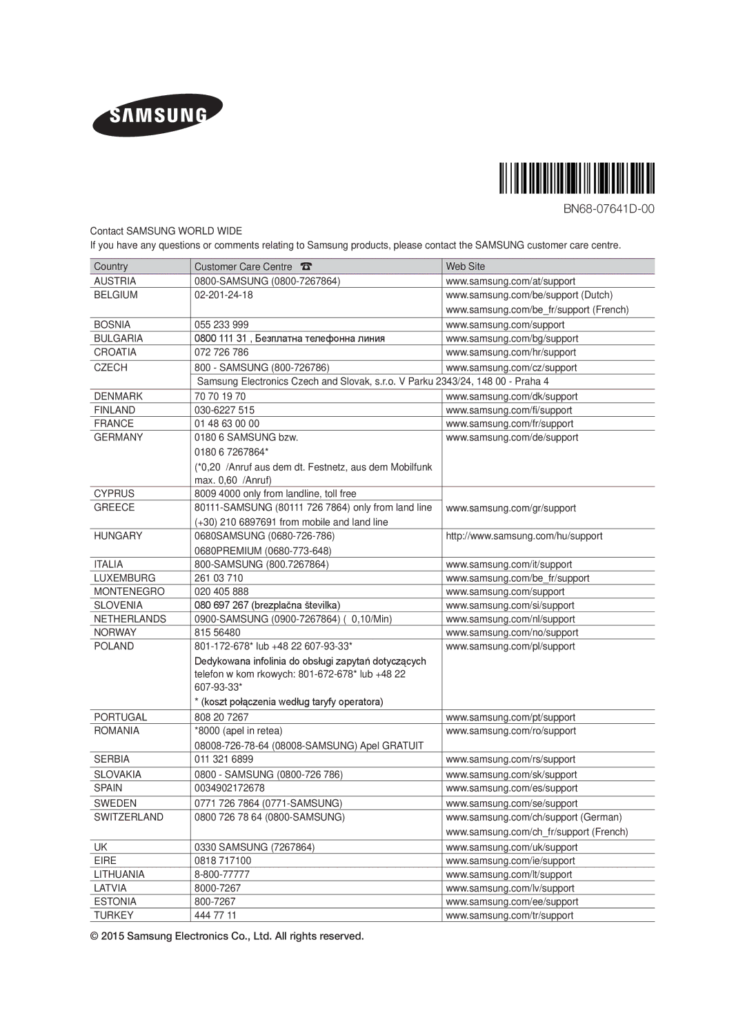 Samsung UE55JS8000LXXH, UE55JS8000LXXN, UE55JS8002TXXH manual BN68-07641D-00 