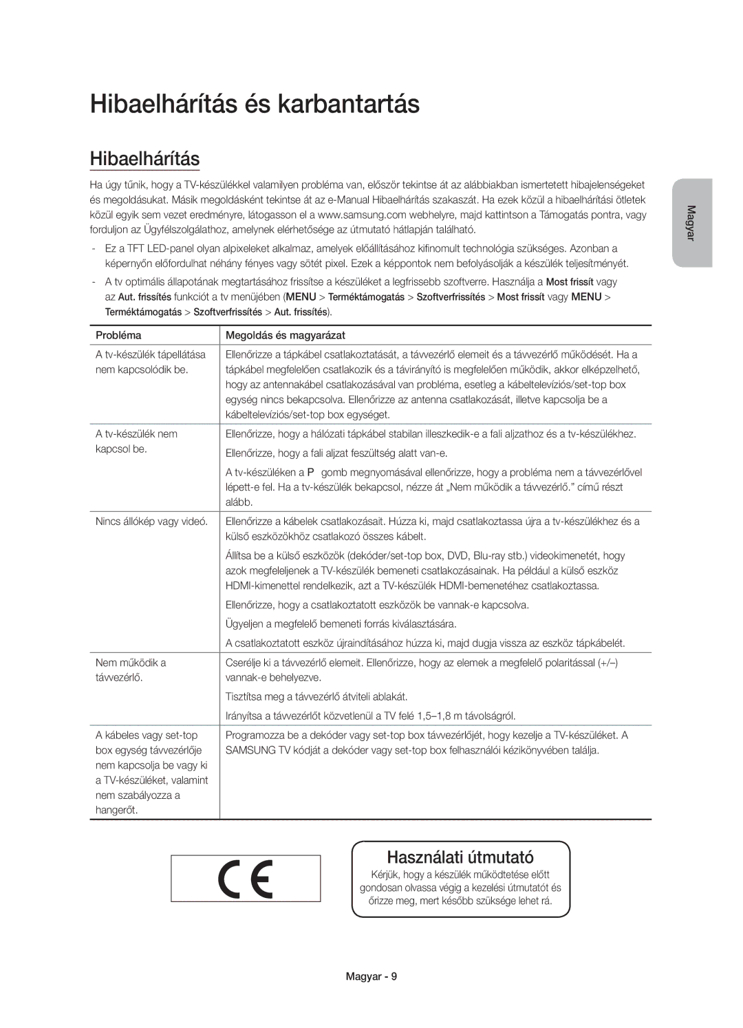 Samsung UE55JS8002TXXH, UE55JS8000LXXH, UE55JS8000LXXN manual Hibaelhárítás és karbantartás 