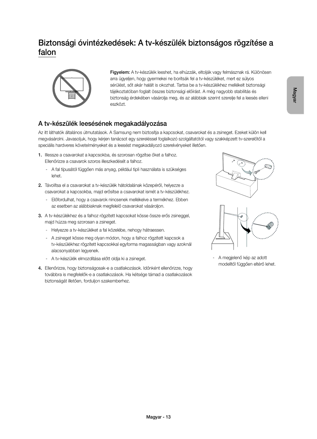 Samsung UE55JS8000LXXH, UE55JS8000LXXN, UE55JS8002TXXH manual Tv-készülék leesésének megakadályozása 