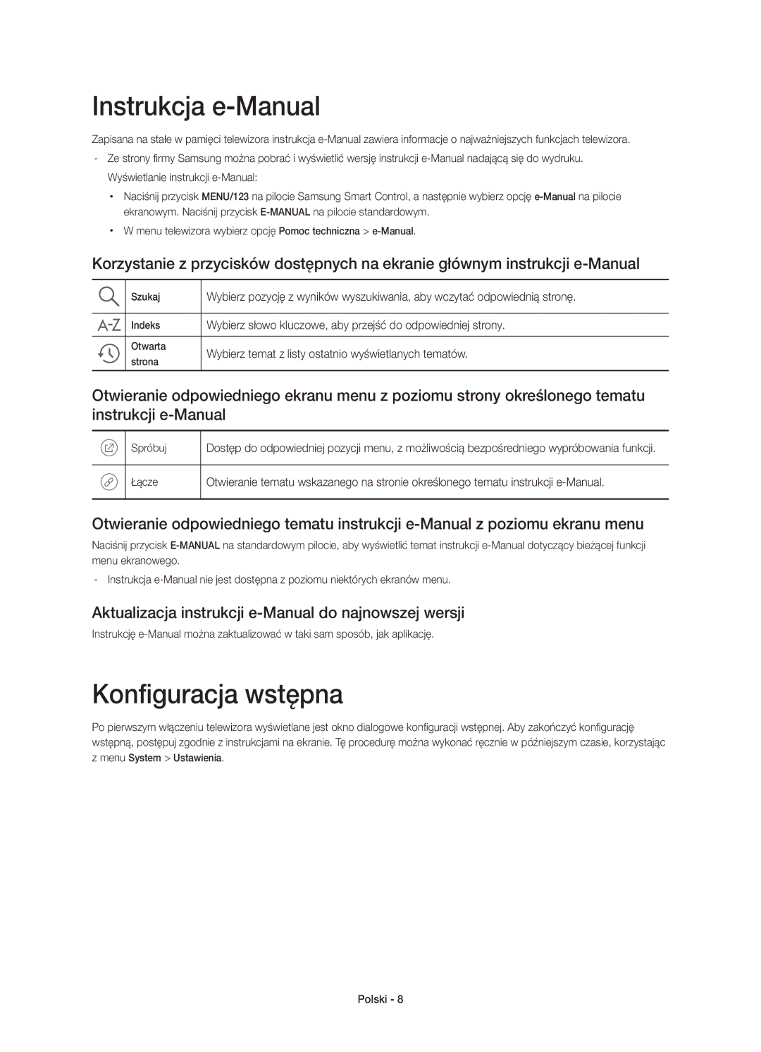 Samsung UE55JS8000LXXH Instrukcja e-Manual, Konfiguracja wstępna, Aktualizacja instrukcji e-Manual do najnowszej wersji 