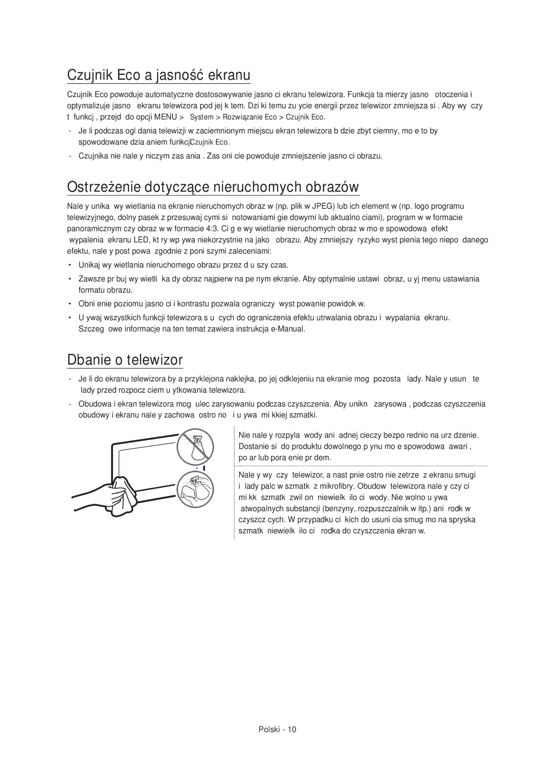 Samsung UE55JS8002TXXH manual Czujnik Eco a jasność ekranu, Ostrzeżenie dotyczące nieruchomych obrazów, Dbanie o telewizor 