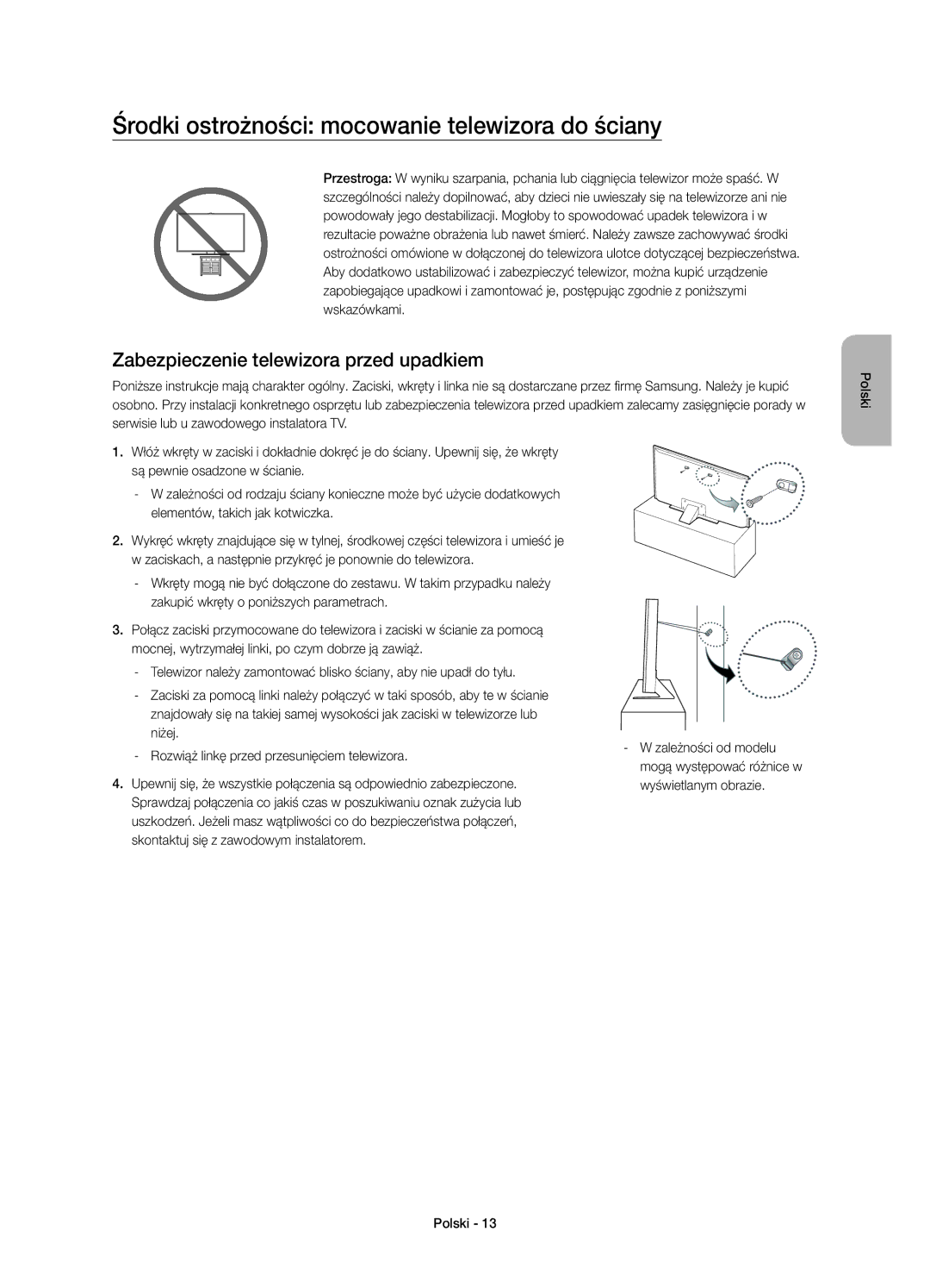 Samsung UE55JS8002TXXH manual Środki ostrożności mocowanie telewizora do ściany, Zabezpieczenie telewizora przed upadkiem 