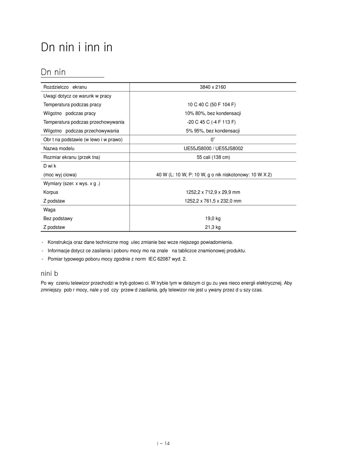 Samsung UE55JS8000LXXH, UE55JS8000LXXN, UE55JS8002TXXH manual Dane techniczne i inne informacje, Zmniejszanie poboru mocy 