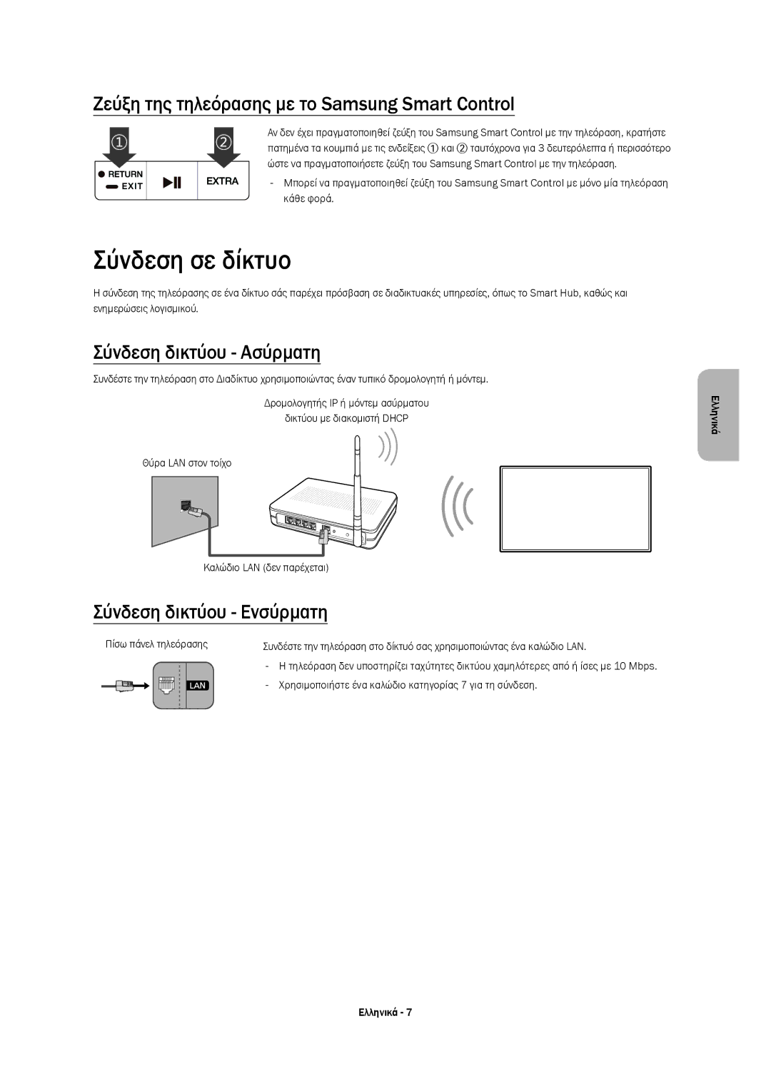 Samsung UE55JS8000LXXN manual Σύνδεση σε δίκτυο, Ζεύξη της τηλεόρασης με το Samsung Smart Control, Σύνδεση δικτύου Ασύρματη 