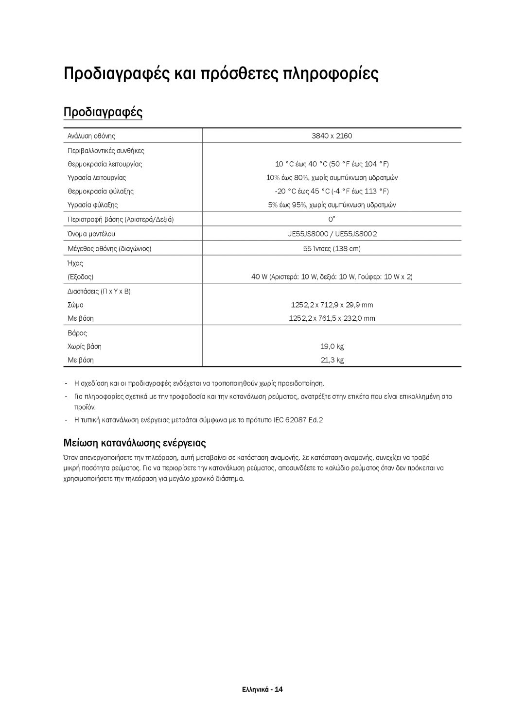 Samsung UE55JS8002TXXH, UE55JS8000LXXH, UE55JS8000LXXN Προδιαγραφές και πρόσθετες πληροφορίες, Μείωση κατανάλωσης ενέργειας 